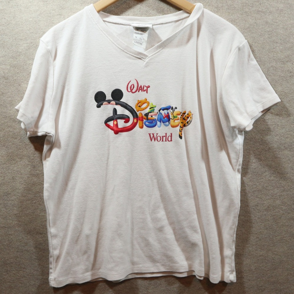 Walt Disney World T-Shirt XL V-Neck Y2K Character Logo Graphic White Tee - Picture 1 of 5